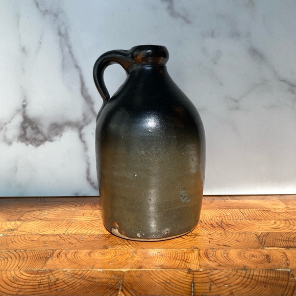 Antique Brown Salt Glaze Ceramic Stoneware Whiskey Storage Jug w/ Finger Handle - Picture 2 of 9